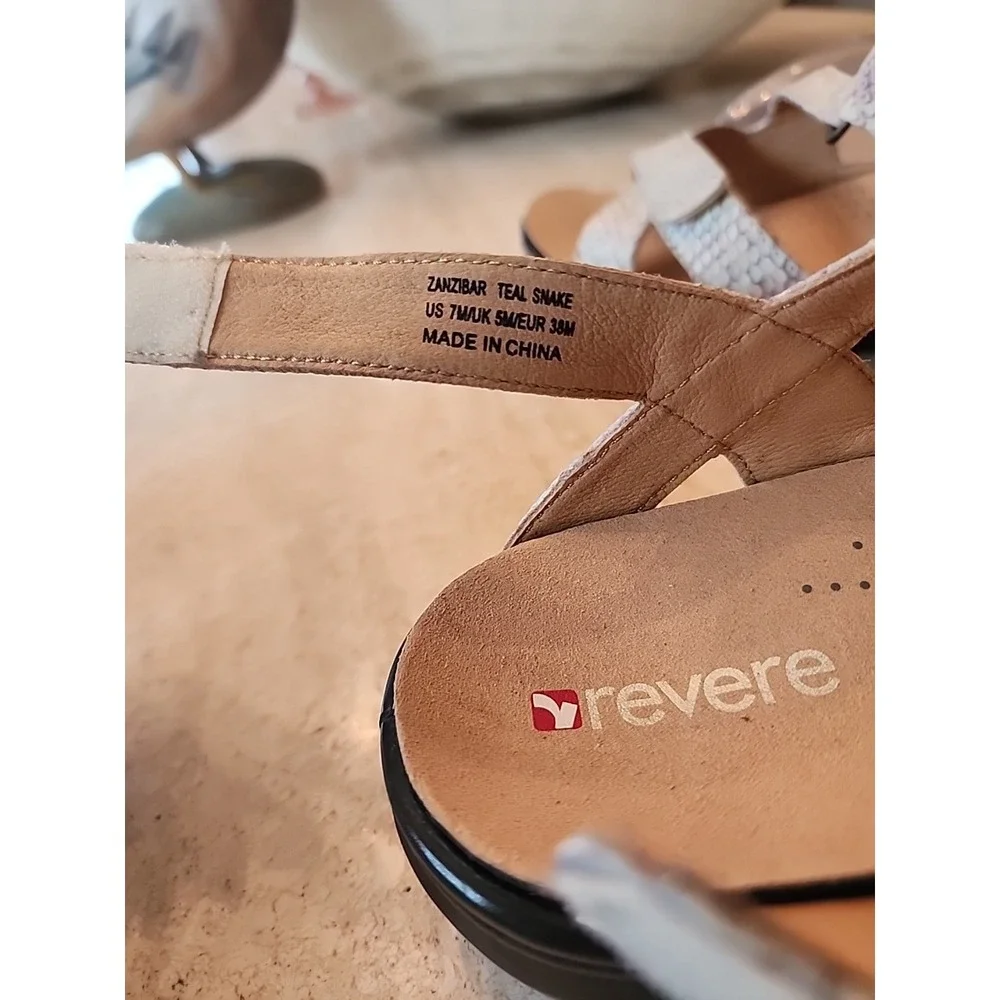 NEW Revere Womens 7 Zanzibar Teal Snakeskin Pattern Comfort Sandals $175